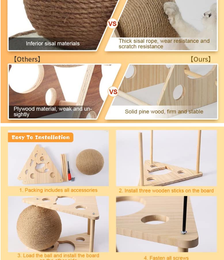Cat Scratcher Toy,Natural Sisal Rope Cat Scratching Ball Scratcher Toy with Ball for Cats& Kittens&Dogs&Puppy, Interactive Solid Wood Scratcher Pet Toy Medium - BeesActive Australia