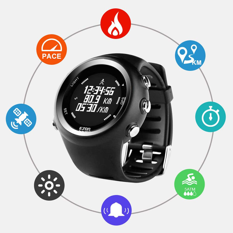 EZON GPS Running Watch with Speed Distance Pace Alarm and Calorie Counter and Stopwatch for Men T031B01 Black - BeesActive Australia