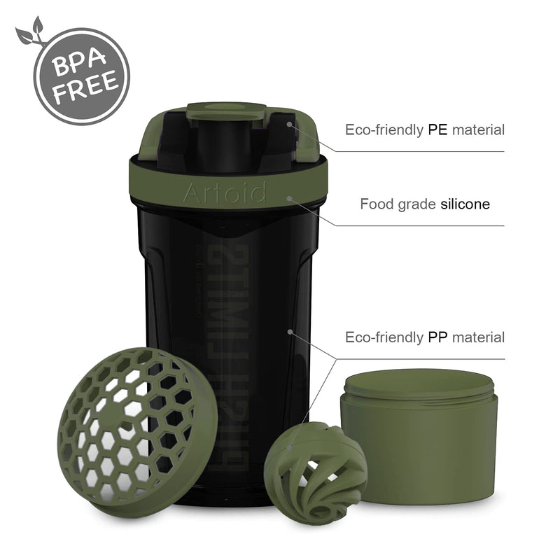 Artoid Mode 720ml Inspirational Sports Fitness Workout Protein Shaker Bottle with Twist and Lock Protein Box Storage, Dual Mixing Technology with Shaker Balls & Mixing Grids - BPA Free Black/Moss Green - BeesActive Australia