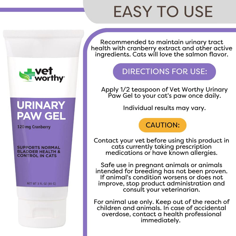 Vet Worthy Urinary Paw Gel for Cats - Cat Supplement to Support Healthy Urinary Tract and Bladder Health - Feline Supplement with Cranberry Extract, L-Lysine and Vitamin C - Salmon Flavor, 3oz - BeesActive Australia