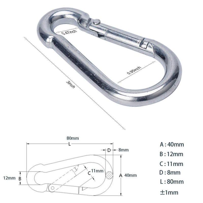 Carabiner 3 Inch Spring Snap Hook Heavy Duty Steel Carabiner Clip 12pcs 8x80mm for Hammock Swing Fitness Camping Hiking - BeesActive Australia