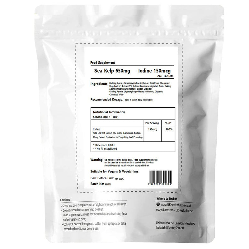 Sea Kelp Extract 650mg - Iodine 150mcg - 240 Tablets - Thyroid Health - Hair Growth - Skin - Immune Support - Slimming Pills - Vegan Supplements - BeesActive Australia