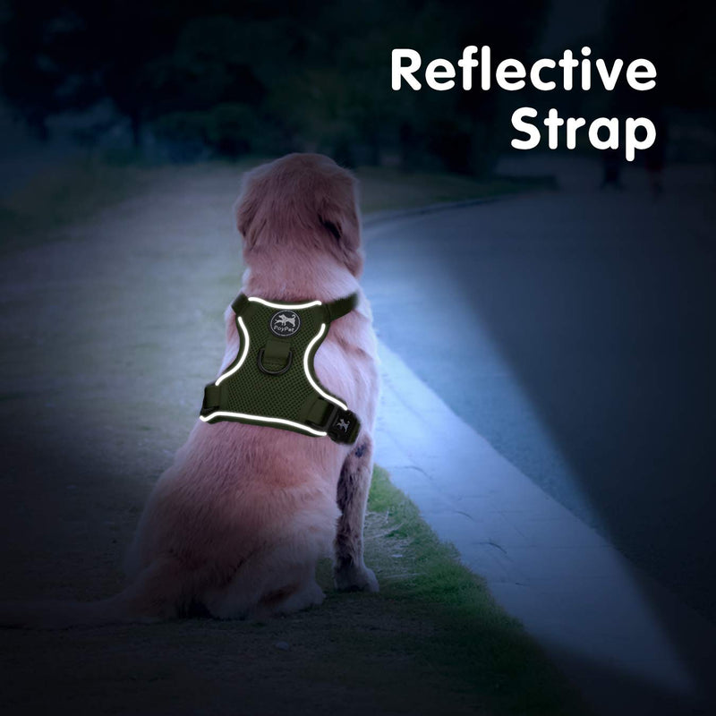 PoyPet Reflective Soft Breathable Mesh Dog Harness Choke-Free Double Padded Vest with Adjustable Neck and Chest Medium Military Green - BeesActive Australia