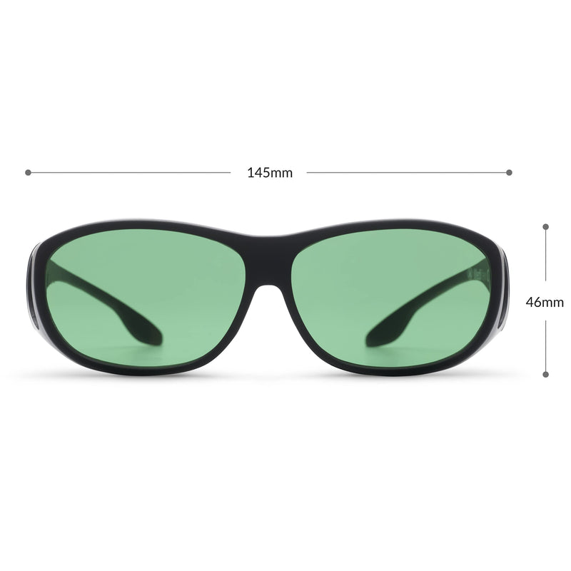 MigraLens OverView Fit-Over Glasses for Migraine Relief | Medium Size | Outdoors and Computer Screens | Unisex | Green Lenses | Black - BeesActive Australia