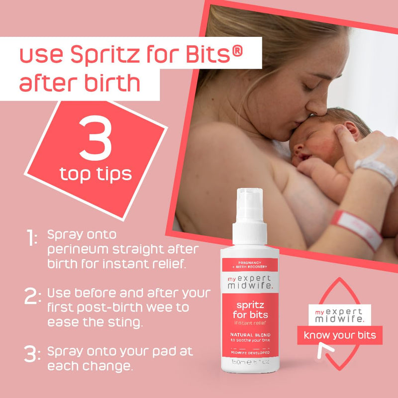 My Expert Midwife Spritz for Bits, Pregnancy & Postnatal Relief Perineal Spray for New Mums, Hospital Bag Maternity Essential, Natural Formula for Soothing Care After Giving Birth – 150ml 150 ml (Pack of 1) - BeesActive Australia