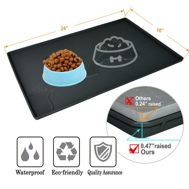 Gosmol Dog Food Mat XL (24"x16") or L (20"x13") – 0.5 inch Raised Edge Waterproof Pet Dog Food Tray, Washable Dog Bowl Mat, Nonslip Pet Dog Feeding Mat, Silicone Dog Placemat for Floors XL - 24x16x0.5 inch Black - BeesActive Australia