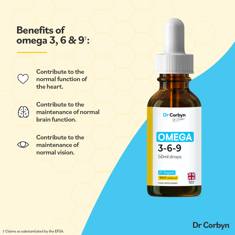 Dr Corbyn Omega 3-6-9 Drops | Vegan Omega 3, 6 & 9 Drops with NO Fishy Taste | Plant-Based, UK Made (50ml) 50ml - BeesActive Australia