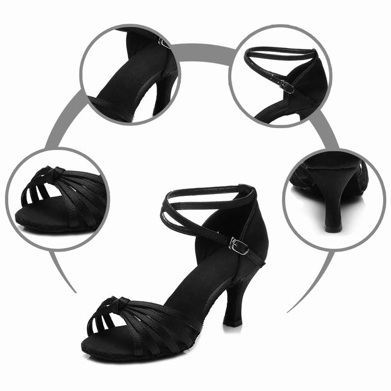 [AUSTRALIA] - DKZSYIM Women's Satin Latin Dance Shoes Ballroom Performance Shoes Model 217 8.5 7cm Black 