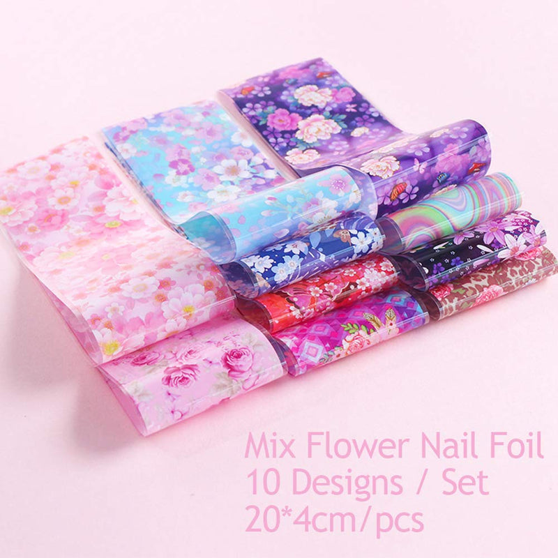 Flowers Nail Transfer Foils Fresh Nails Supply Foil Decals 10 Designs Floral Nail Transfers Lace Starry Sky Paper for Women Fingernails Acrylic Decorations Manicure Tips Wraps Charms - BeesActive Australia