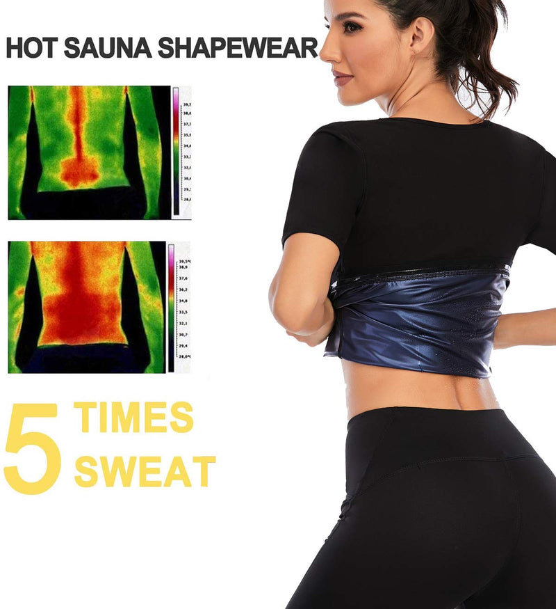 Women Short Sleeve Sauna Suit Hot Sweat Slimming Body Shaper Polymer Workout Top Black-with sleeves Small - BeesActive Australia