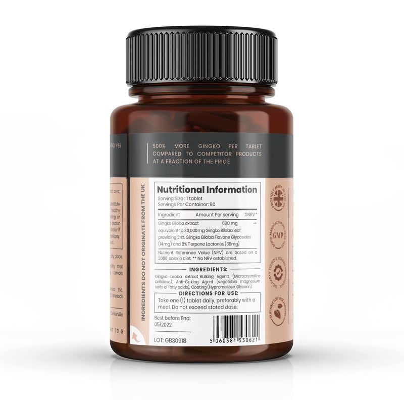 Pureclinica High Potency Ginkgo Biloba 30,000mg x 180 Tablets (2 Bottles of 90) - 6 Months Supply - 5 Times The Strength of Competitor Products - BeesActive Australia