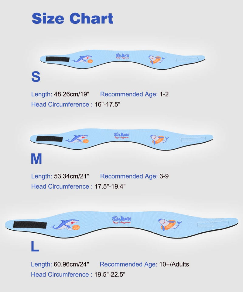 MoKo Swimming Headband for Kids & Adults, Cute Swimmers Headband Ear Band Waterproof Ear Protection Band (S Size for Kids Age 1-2, M Size for Kids Age 3-9, L Size for Kids Age 10+ and Adults) Blue & Shark Medium (Pack of 1) - BeesActive Australia