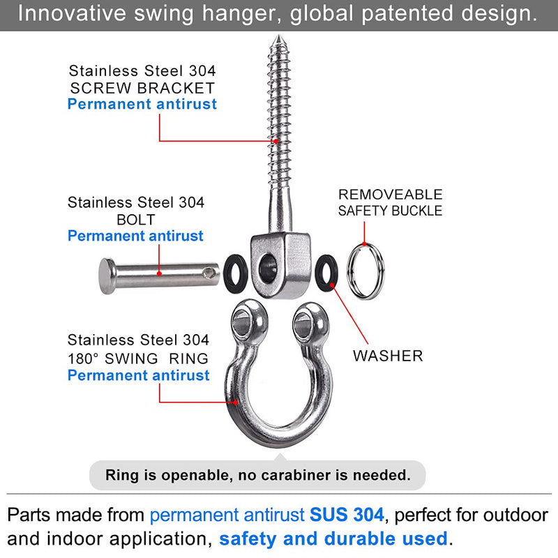 SELEWARE Heavy Duty 180° Swing Hangers, Stainless Steel Eye Screw Bracket, 1800 LB Capacity Playground Yoga Hammock Rope Tire Web Chair Sandbag Punching Bag Porch Swing Sets (4 Pack) - BeesActive Australia