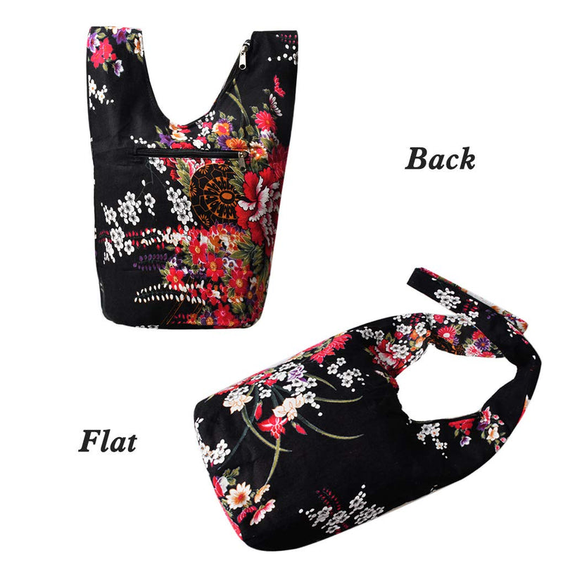 WITERY Women's Sling Crossbody Bags Large Shoulder Shopping Hobo Bag Handbag Top Zip Bags Handmade Messenger Bag Wallet Black Flower - BeesActive Australia