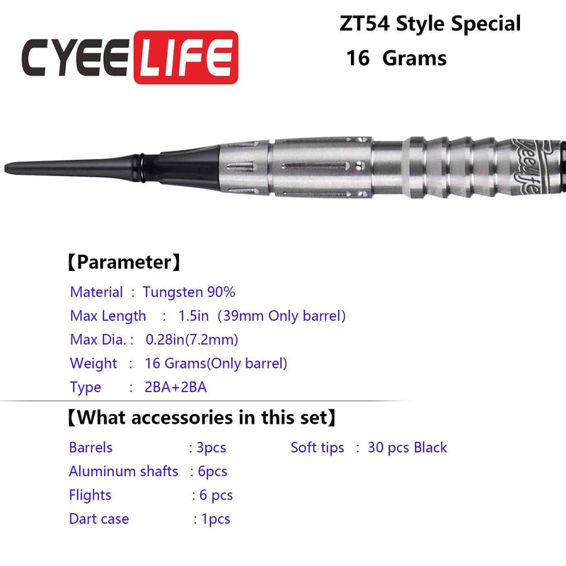 CyeeLife-Tungsten Soft Darts for Competition 16/18/20g,Carrying case+Extra Tips+Tool+Aluminium shafts+Extra Flights,90% Tungsten Barrels,Perfect as a Gift 16g ZT54 - BeesActive Australia