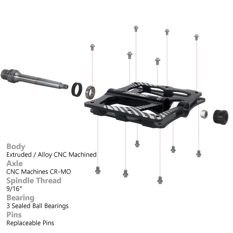 OMC MTB Mountain Bike Pedals 3 Bearing Non-Slip Lightweight Extruded Aluminum Alloy Bicycle Platform Pedals for BMX MTB 9/16" Black - BeesActive Australia