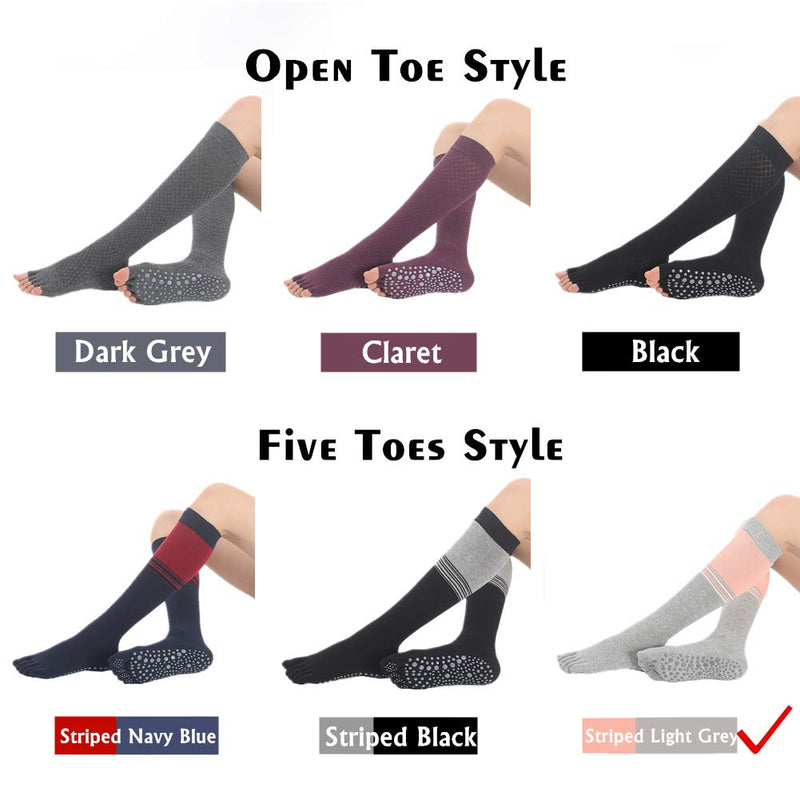 Yoga Socks for Women Non Skid Thigh Highs Knee High Pilates Ballet Dance Toeless and Five Toes Long Calf Socks Striped Light Grey - BeesActive Australia