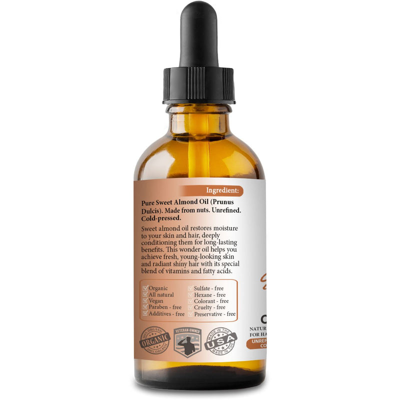 NEW Sweet Almond Oil. 4oz. Cold-pressed. Unrefined. Organic. 100% Pure. Pasteurized. Hexane-free. Fights Wrinkles. Softens Hair. Natural Moisturizer. For Hair, Face, Body, Nails, Beard, Stretch Marks. - BeesActive Australia