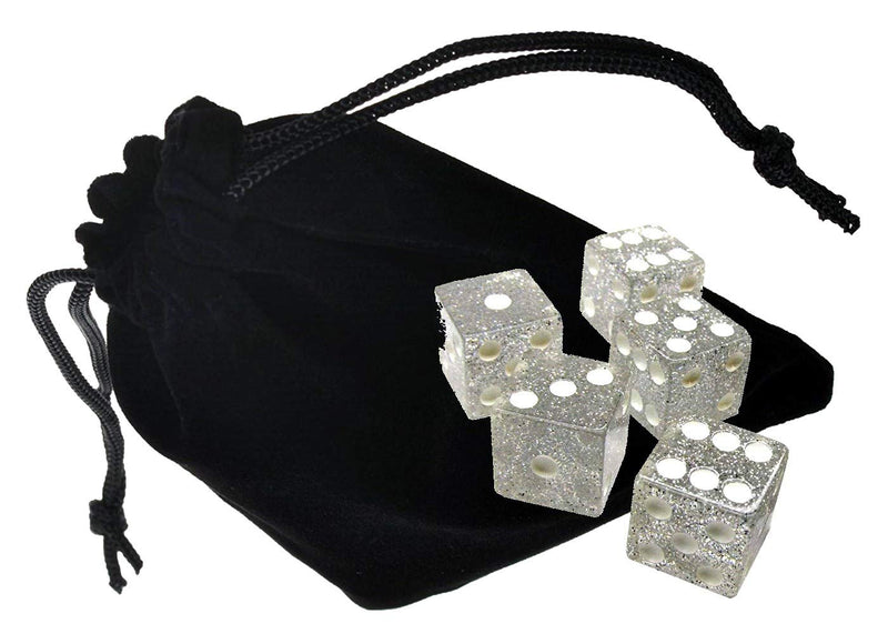 Set of (5) 16mm Dice Standard Transparent Square Cornered with Black Velvet Cloth Pouch Bag Clear (Glitter) - BeesActive Australia