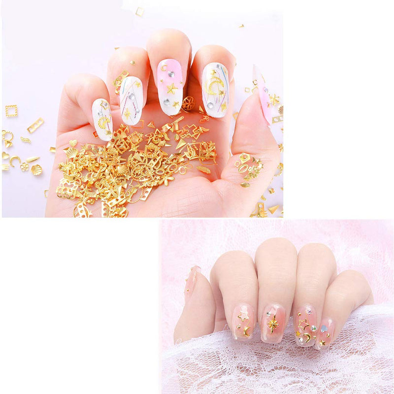 SIPLIV Metal Nail Art Rivet Stripe Heart Hollow Out Star Moon Floral Plants Rivet Nail Art DIY Decoration (6 Boxes) with A Nail Art Star Moon Stickers (4 Pcs) - Gold Gold - 6pcs - BeesActive Australia