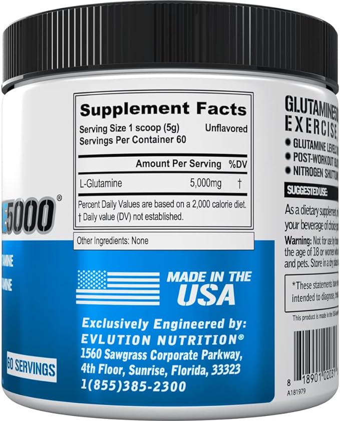 Evlution Nutrition Glutamine 5000 5g of pure glutamine per serving, unflavored (60 servings) - BeesActive Australia