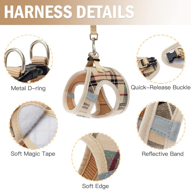 PUPTECK Adjustable Pet Harness Collar and Leash Set for Small Dogs Puppy and Cats Outdoor Training and Running, Soft Mesh Padded Reflective Vest Harness S: Chest girth: 14.5-17in Collar: 9-11.5in Beige - BeesActive Australia