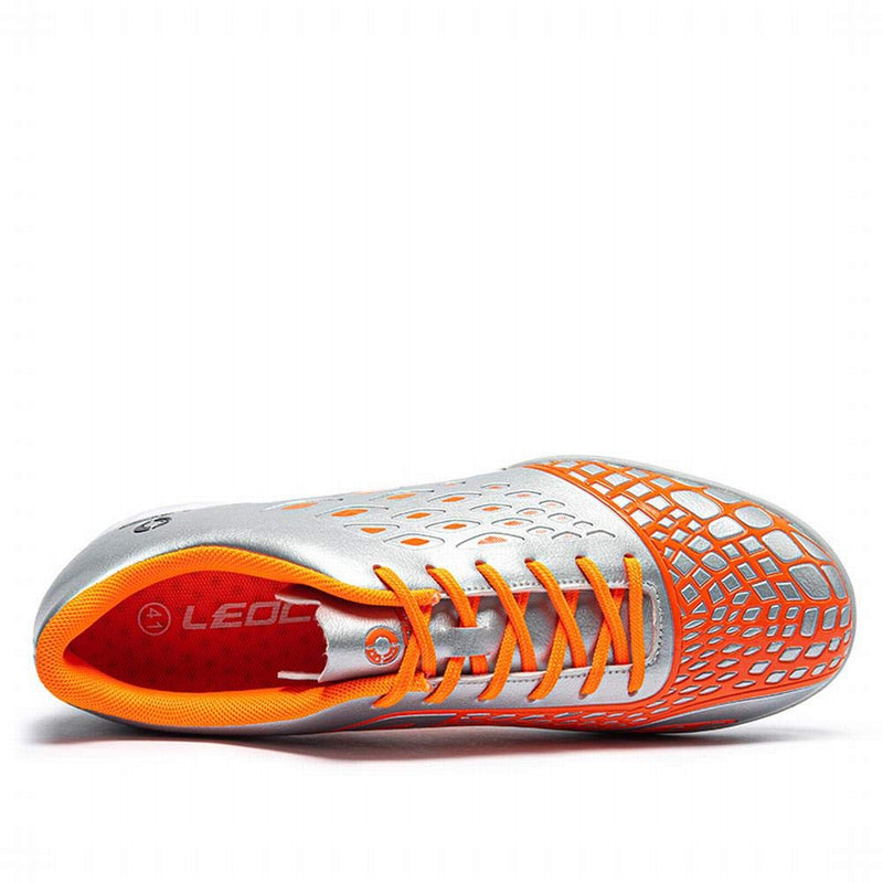 LEOCI Soccer Shoes - Turf Sole Men & Women Kid's Academy Outdoor Football Durable Emboss Rubber Shoes 8.5 Women/7.5 Men Silver/Orange - BeesActive Australia
