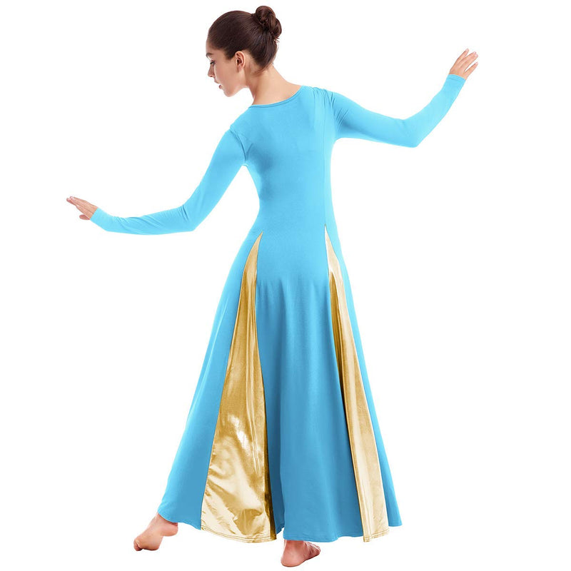 [AUSTRALIA] - IBAKOM Womens Liturgical Praise Lyrical Dance Dress Loose Fit Full Length Metallic Color Block Long Sleeve Worship Costume Blue+gold Medium 