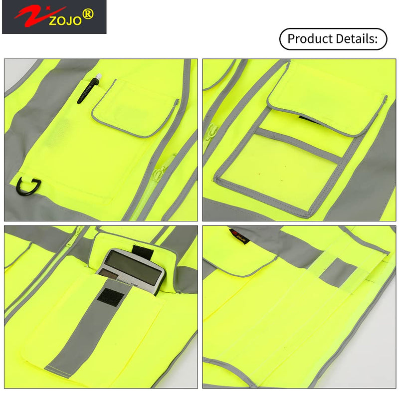 Zojo High Visibility Safety Vest, Reflective with Multi-Functional Pockets and Zipper,for Men Women work 1 Yellow - BeesActive Australia