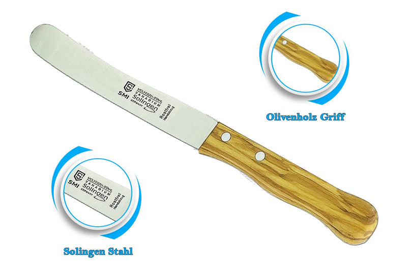 SMI - Bread Knife Solingen Butter Knife Olive Wood Handle Butter Spreader Table Knife with Wide Blade - Made in Germany - Not Dishwasher Safe - BeesActive Australia