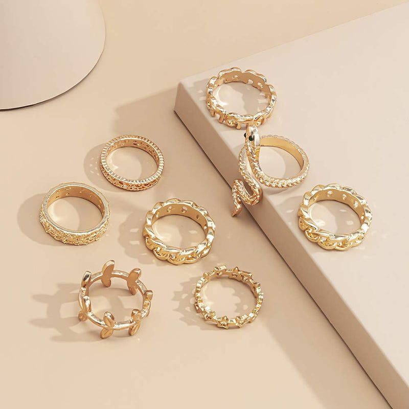fxmimior Boho Dainty Gold Ring Set Finger Leaf Rings Sets Vintage Snake Knuckle Rings for Women and Girls 8 pcs - BeesActive Australia