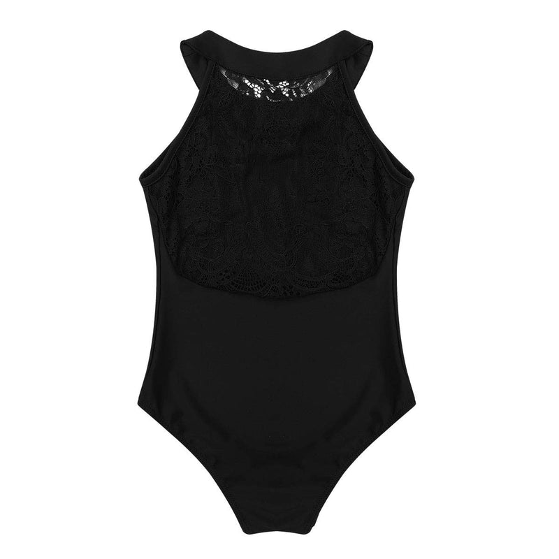 [AUSTRALIA] - zdhoor Kids Girls Halter Ballet Dance Leotard Lace Back Sleeveless Gymnastics Outfits Jumpsuit Dancewear Black 12-14 