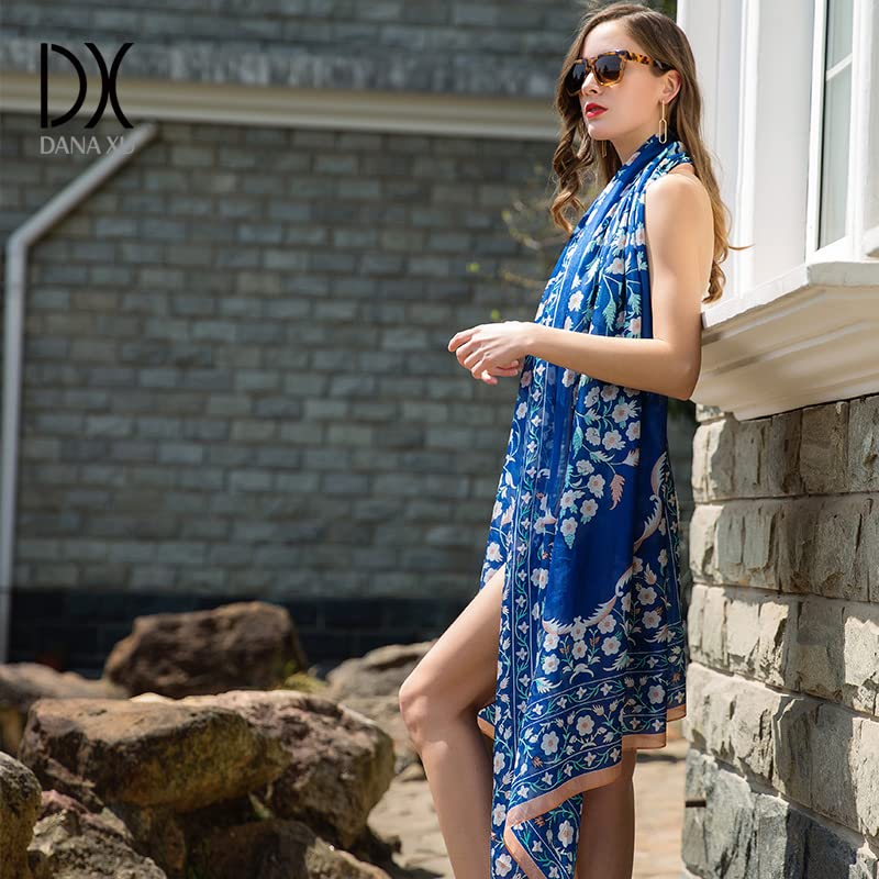 DANA XU 100% Mulberry Satin Silk Summer Travel Scarf Extra Large Women Floral Shawl Oversize Soft Wraps For Evening Dresses A 11 Blue - BeesActive Australia