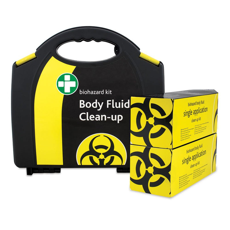Reliance Medical - Biohazard Body Fluid Clean-Up Kit - 2 Single Application Packs- Black/Yellow Wall Mountable Box & Lewis-PLAST Premium First Aid Kit, 90 Count (Pack of 1) 2 Application Body Fluid Clean up Kit + Premium First Aid Kit - BeesActive Australia
