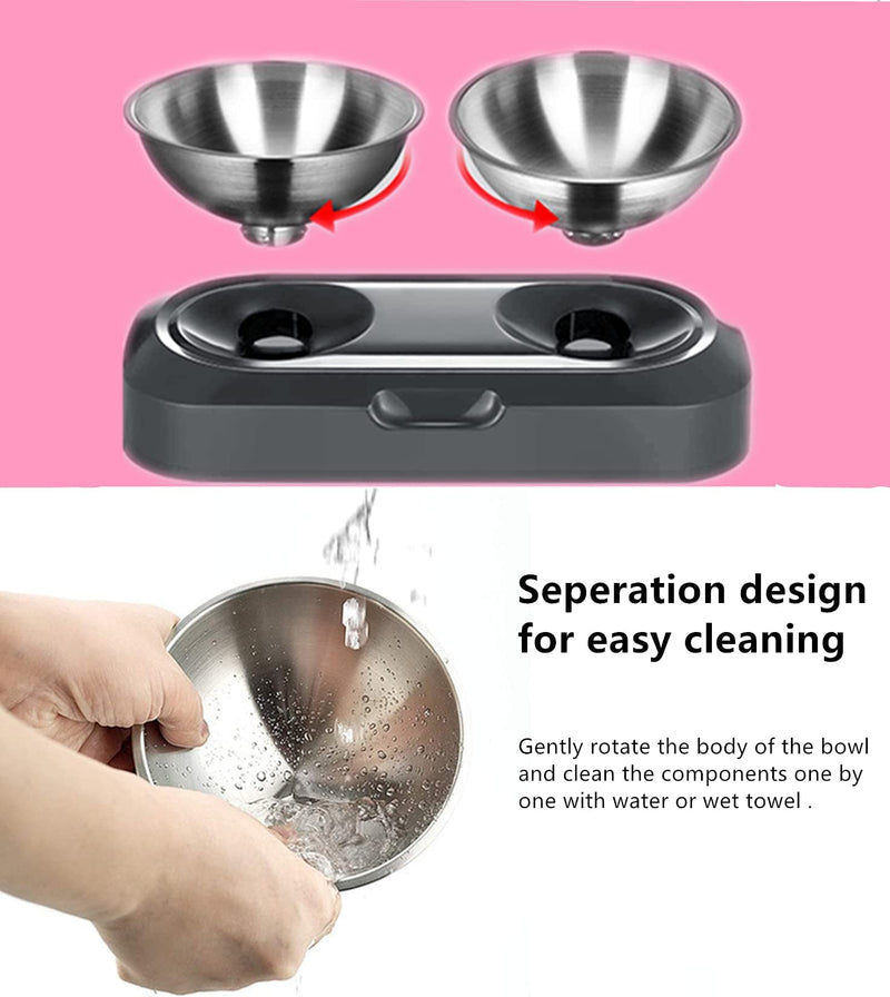 PewinGo Cat Bowl with Stainless Steel, Non-Slip Silicone Mat Cat Feeder with 0 &15° Tilting Neck Protective Bowl for Pets, Cats and Puppies Food and Water Feeding Double Bowl - BeesActive Australia