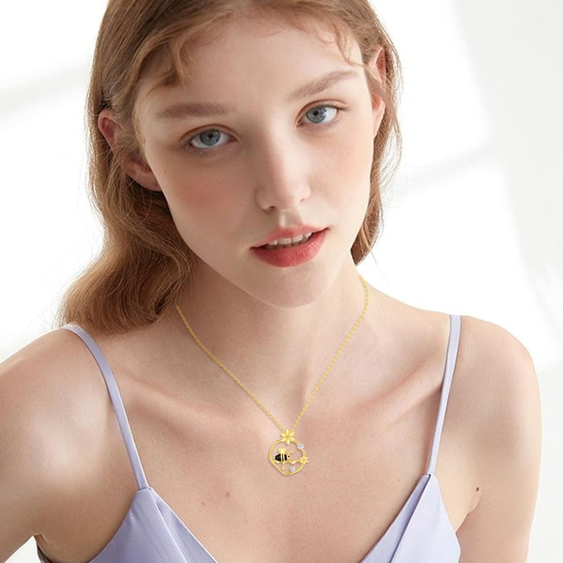 KQF Bee Necklace Sterling Silver Bumblebee Necklaces with Honey Flower Pendant Necklaces Bee Jewelry Gifts for Women Girls golden - BeesActive Australia