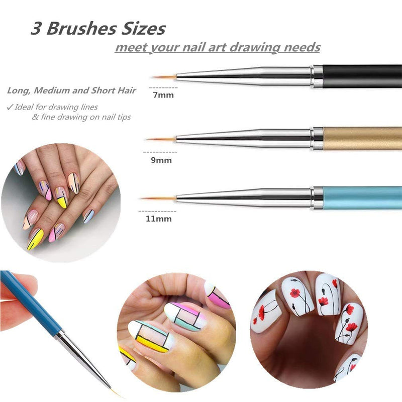 3PCS Nail Art Liner Brushes, UV Gel Painting Acrylic Nail Design Nylon Brush, Nail Painting Drawing Pens (7/9/11mm) - BeesActive Australia