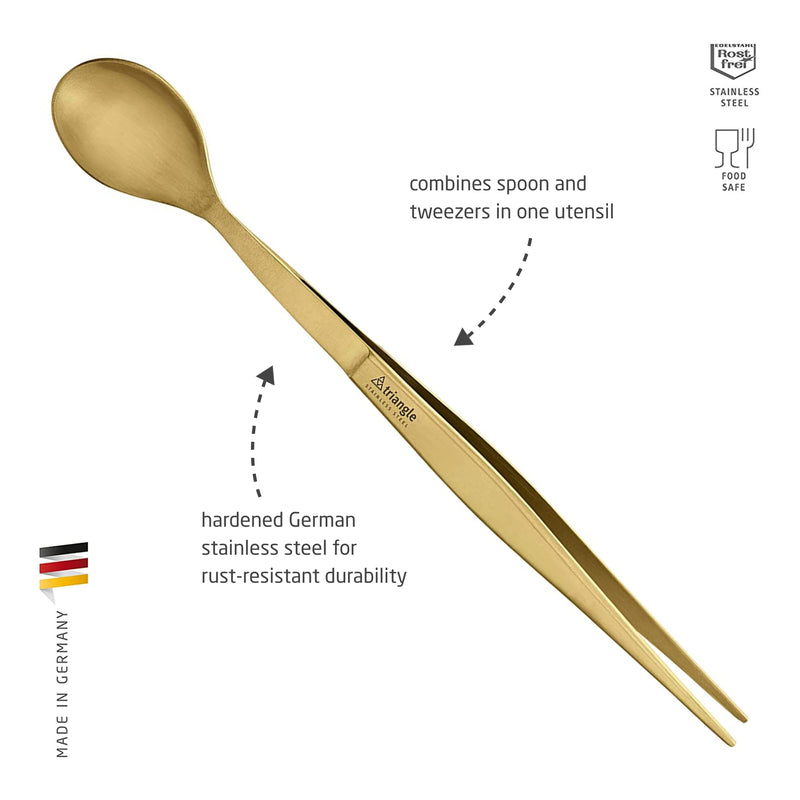 triangle FinalTouch Tasting Spoon, Gold - 14 cm - Stainless Steel Spoon & Tweezers - Dishwasher Safe - Made in Germany - BeesActive Australia