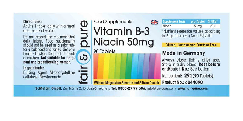 Fair & Pure� - Vitamin B3 Niacin 50mg, nicotinamide, Vegan, Without Magnesium Stearate, 90 niacin Tablets - BeesActive Australia