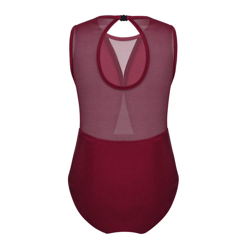 [AUSTRALIA] - renvena Kids Girls One Piece Ballet Dance Leotard Sleeveless Mesh Splice Cutout Back Active Bodysuit Dancewear Burgundy 8-10 