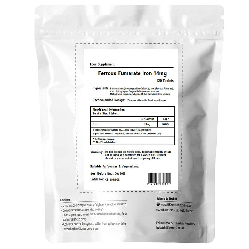 Ferrous Fumarate Iron Tablets 14mg x 120 Blood Cells Energy Anaemia Tiredness Pregnancy High Strength General Health & Well Being Supplement Vegan - BeesActive Australia