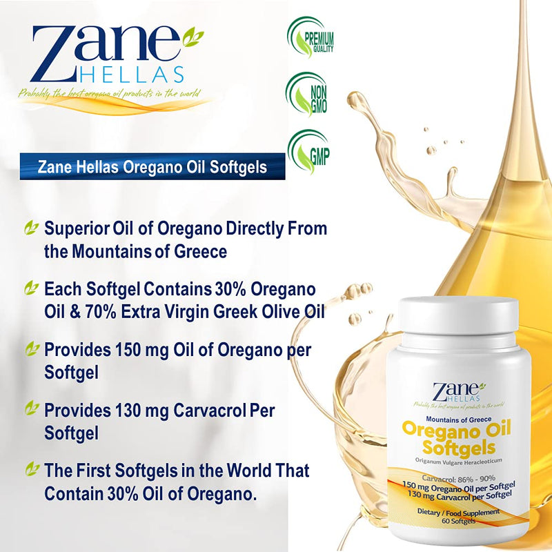 130 mg Carvacrol - 150 mg Oregano Oil per Softgel. World Highest Concentration Oregano Oil Capsule. Zane Hellas Oregano Oil. Softgel Contains 30% Greek Essential Oil of Oregano. 120 Softgels. - BeesActive Australia