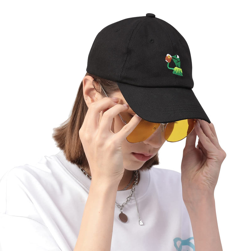 Baseball Cap Kermit The Frog Sipping Tea Logo Trucker Hat Unisex Outdoor Adjustable Strapback Cap Black - BeesActive Australia