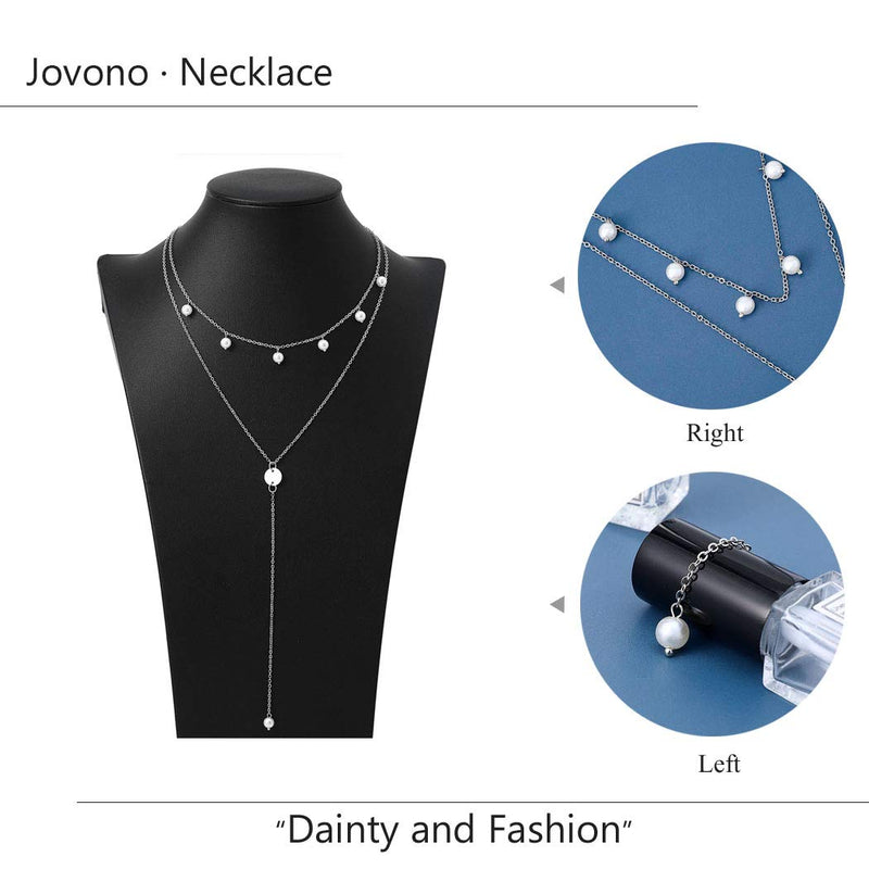 Jovono Boho Multilayered Pearl Tassel Choker Necklaces Sequin Pendant Y-Necklace Chain Jewelry for Women and Girls (Silver) Silver - BeesActive Australia