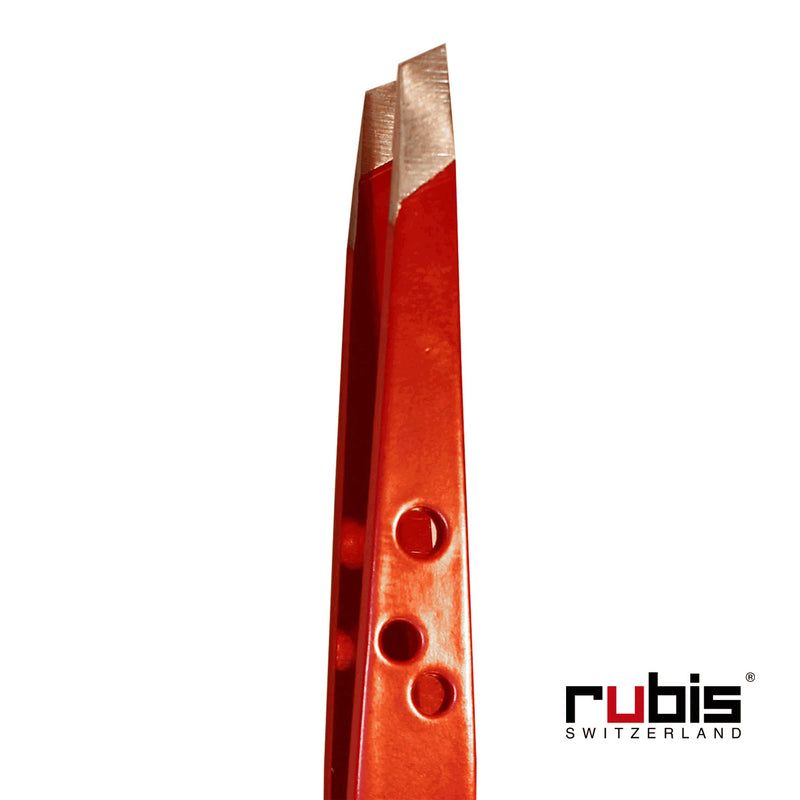 Rubis Elegance Perforated Stainless Steel Slanted Tweezers, For Precise Eyebrows and Hair Removal, Red 1K111/06,Rubis Switzerland Swiss Made World Renowned Precision Slanted Red - BeesActive Australia
