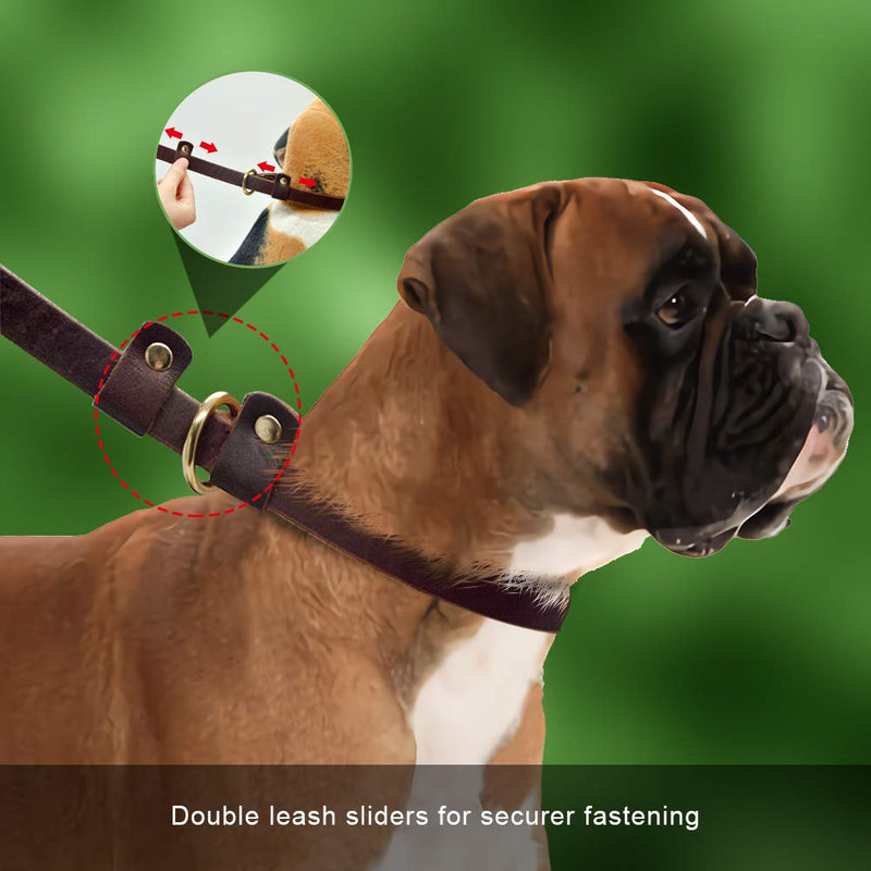 Wellbro Real Leather Slip Lead Dog Leash, Adjustable Stitched Pet Slip Leads with Slider, Heavy Duty Flat Dog Training Leashes for Medium and Large Dogs,Brown 6 Feet - BeesActive Australia