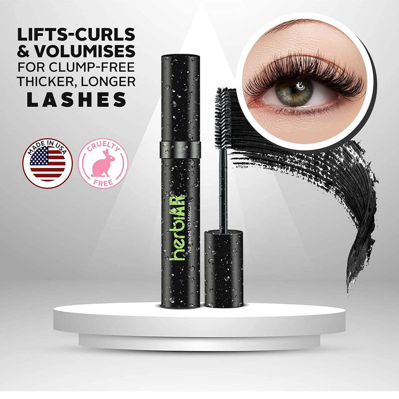 Natural Waterproof Mascara & Eye Lash Growth Serum Voluminous Smudge Proof Makeup Thick Long Lash Enhancer Jet Black Vegan & Cruelty Free (2 x 0.25 Fl Oz) Made in USA | Herbiar - BeesActive Australia