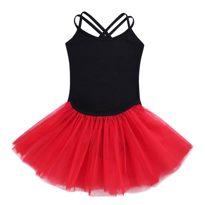 [AUSTRALIA] - inhzoy Kids Girls Spaghetti Shoulder Straps Gymnastics Loetard Ballet Dance Mesh Tutu Dress Dancewear Black/Red 7 / 8 