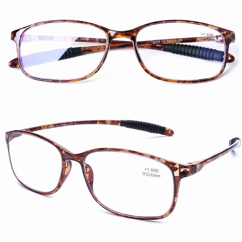 DOOViC Lightweight Reading Glasses Blue Light Blocking Flexible Tr90 Frame TR259 C5 Tortoiseshell 1.75 x - BeesActive Australia