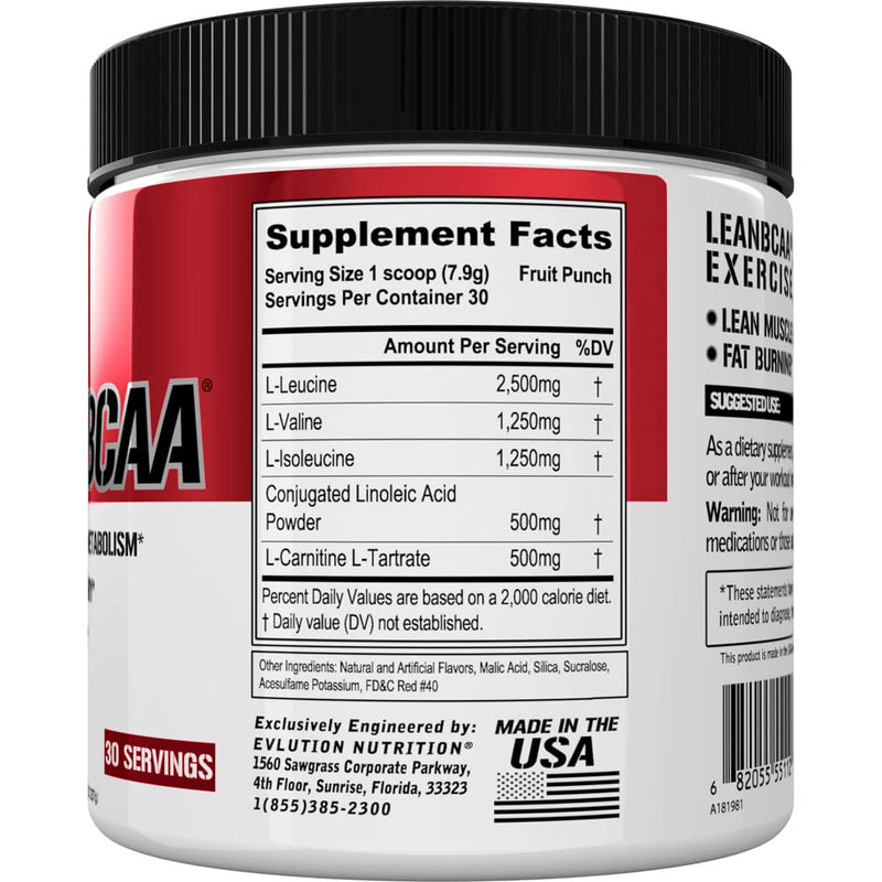 Evlution Nutrition LeanBCAA, BCAA’s, CLA and L-Carnitine, Stimulant-Free, Recover and Burn Fat, Sugar and Gluten Free, 30 Servings (Fruit Punch) - BeesActive Australia